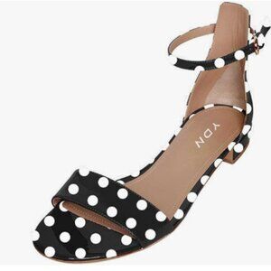 YDN Black Polka Dots Block Low Heel Sandals Open Toe Ankle Strap Patent Shoes